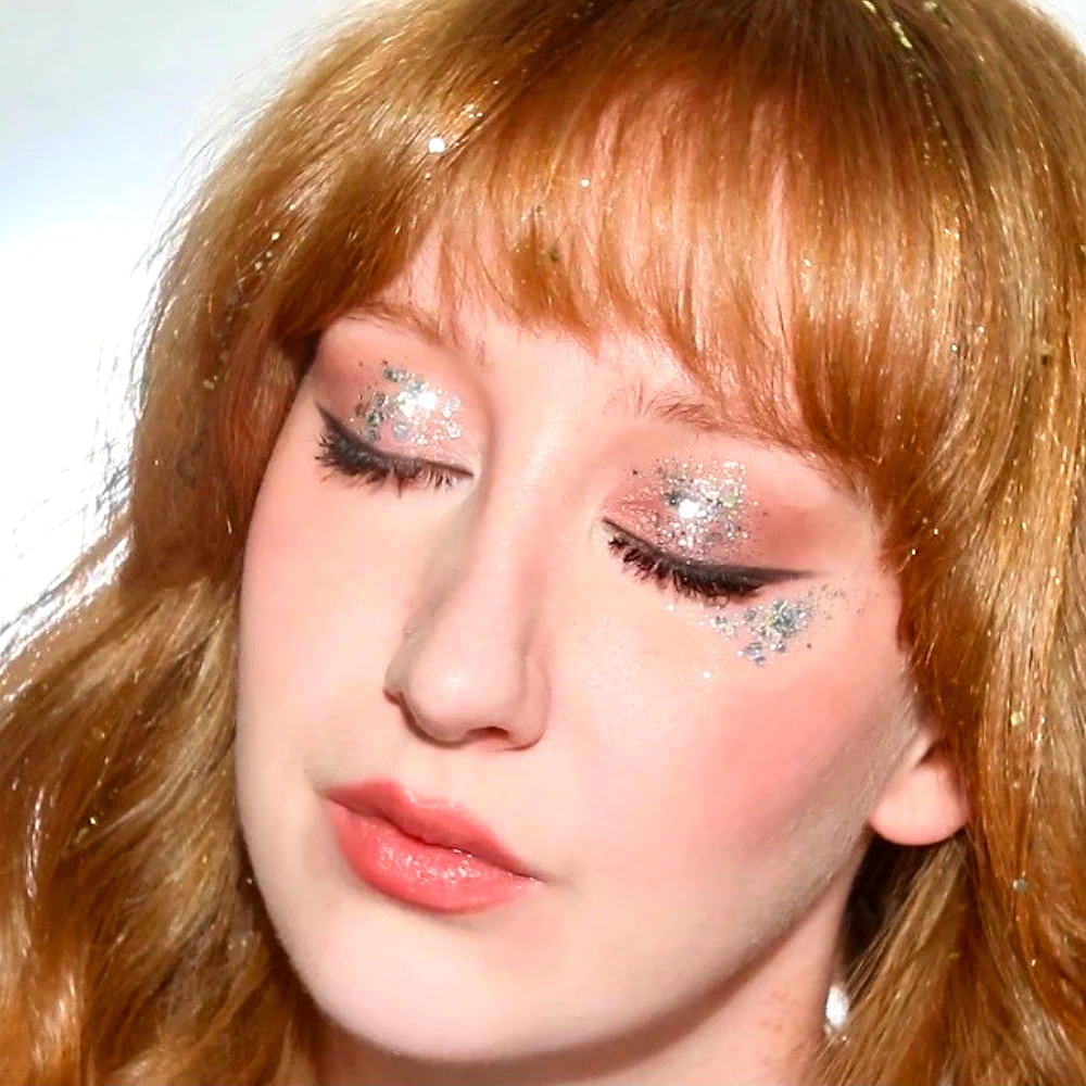 Silver and rose-gold festival glitter eye look
