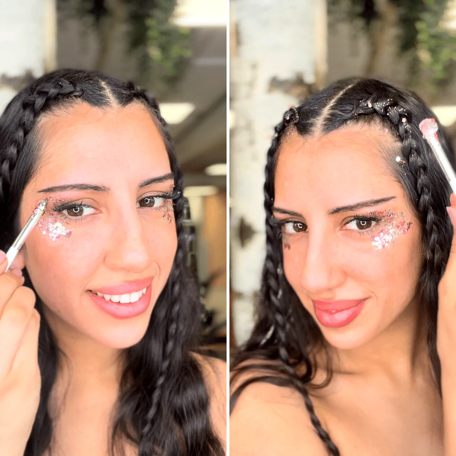 Applying plant-based cosmetic glitter to the cheek with a brush