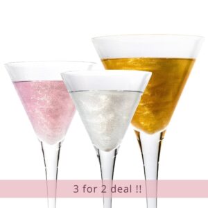3 sparkly drinks with edible glitter, in gold, silver and pink.