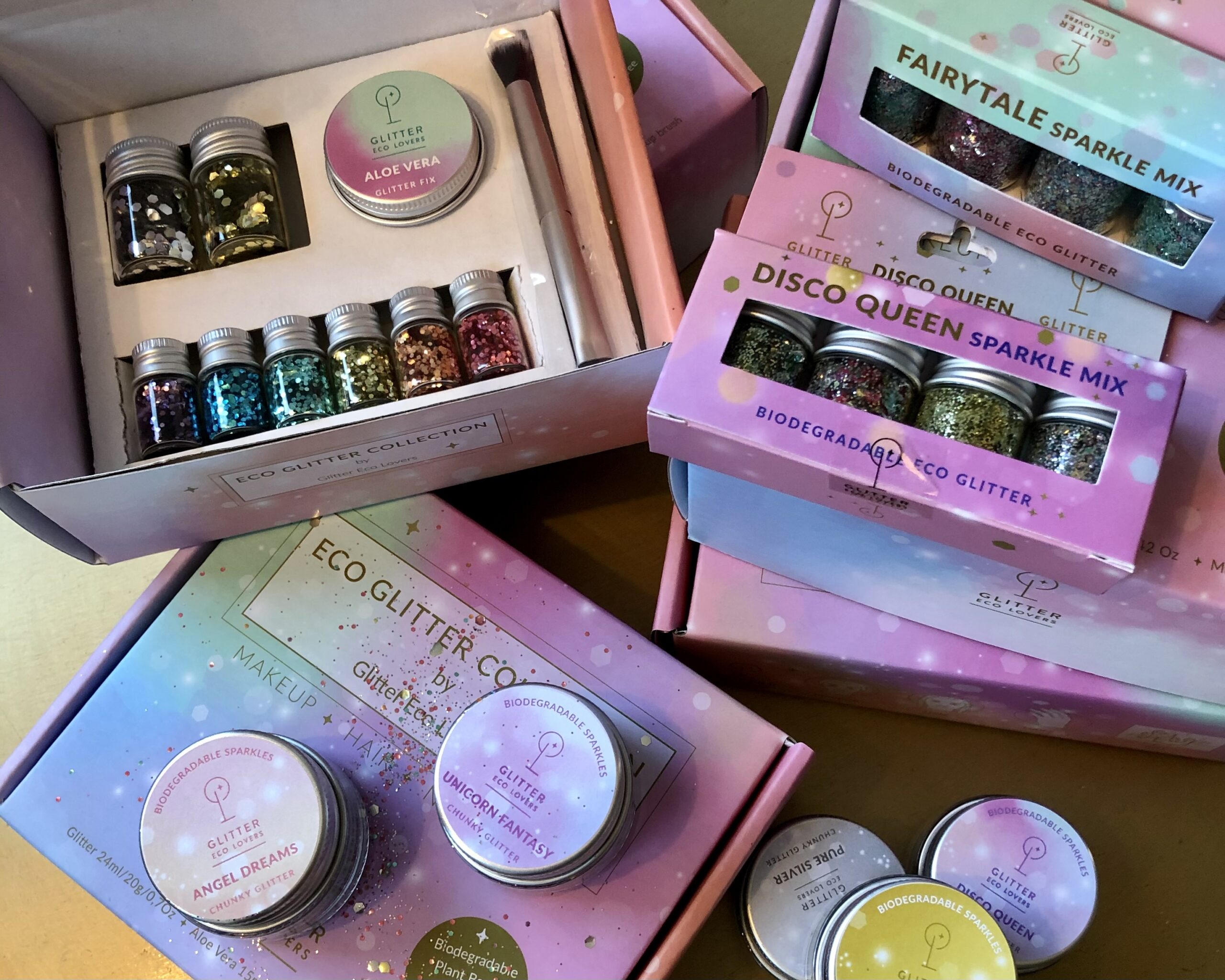 Multiple products from the start of when Glitter Eco Lovers lauched their first eco-friendly products.
