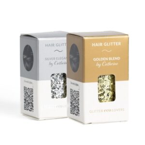 Duo package of plant-based hair glitter products in the colors gold and silver.